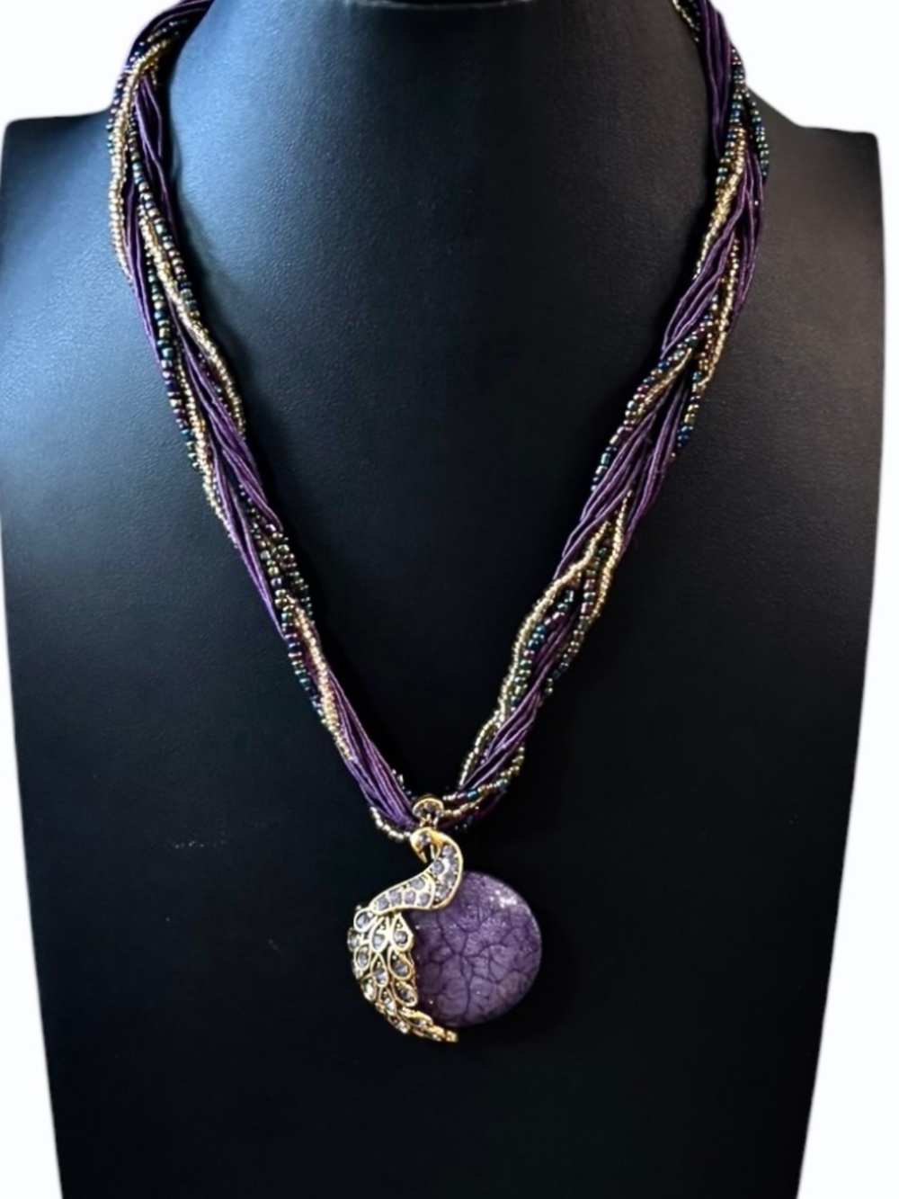 Womens Dark Purple Beaded Glass Pendant‎ Necklace